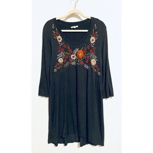 Caite Anthropologie Dress Womens Medium Gray Embroidered Floral Jersey Boho